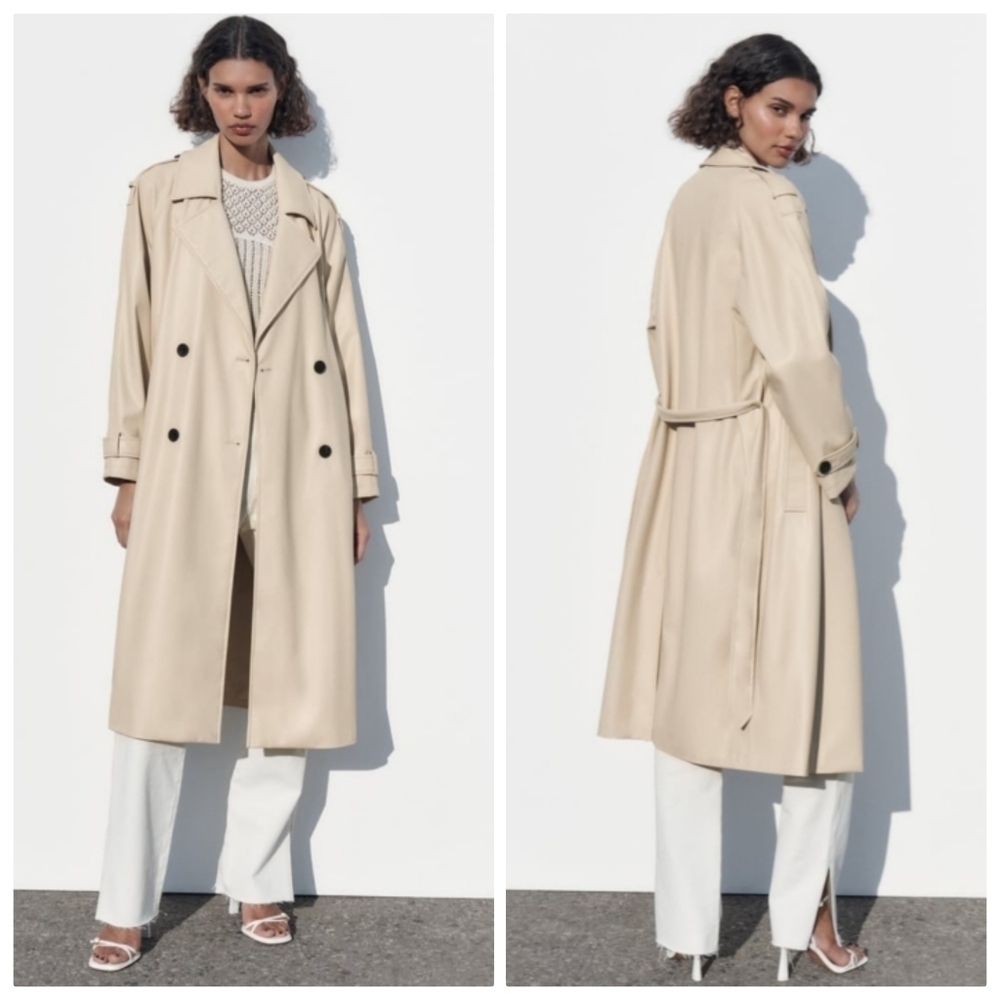 New Zara Classic Faux Leather Ecru Trench Coat XL NWOT